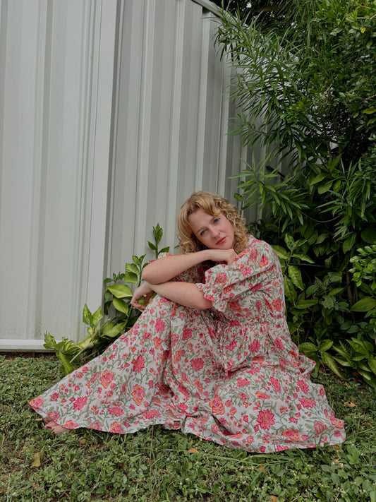 Pink Bloom Cotton Maxi Dress - Hand Block Printed