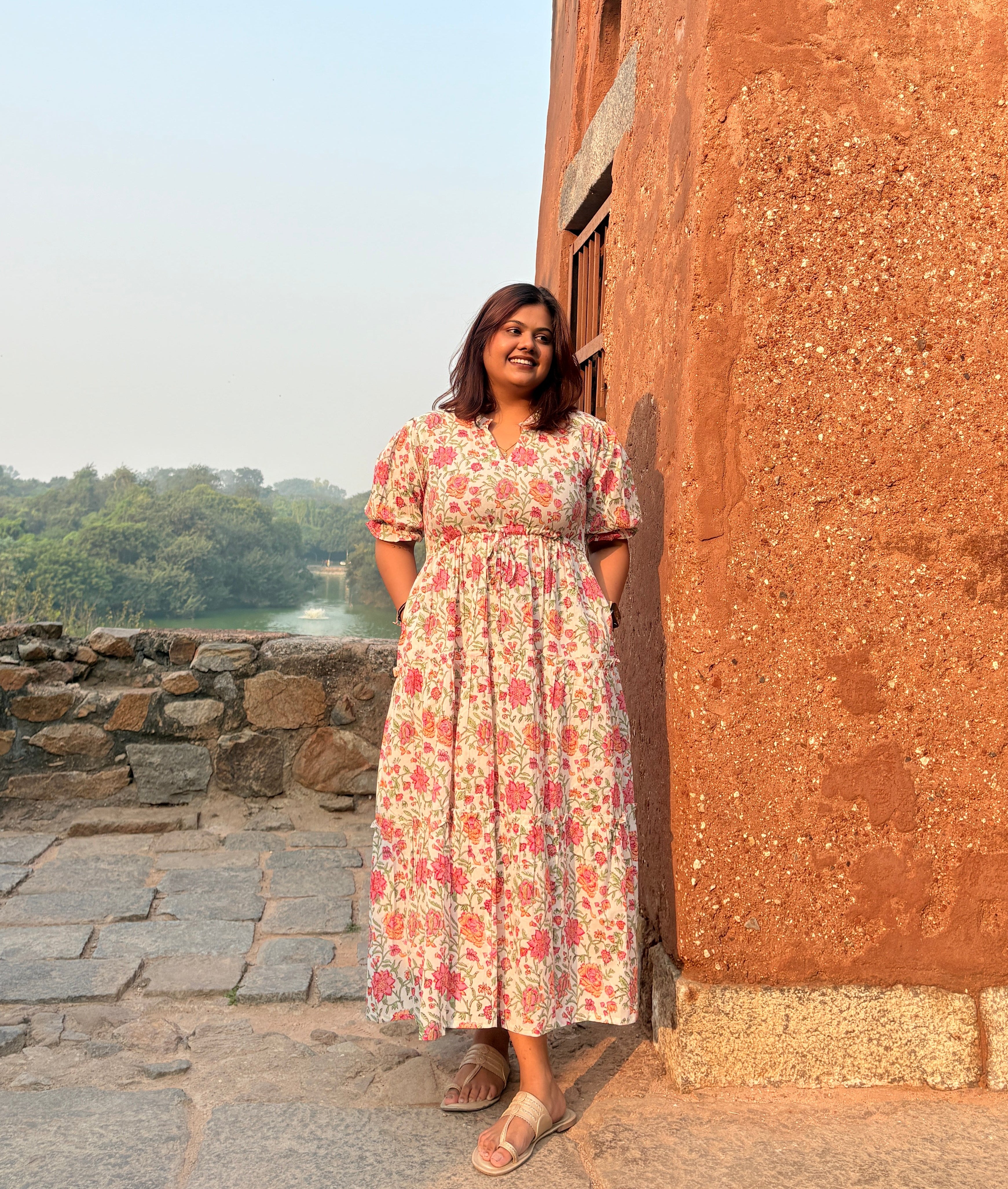 Pink Bloom Maxi Dress - Hand Block Printed Cotton | Woven Visions