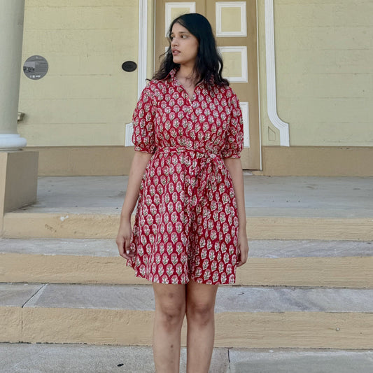 Crimson Hour short dress showing V-neckline and detachable belt