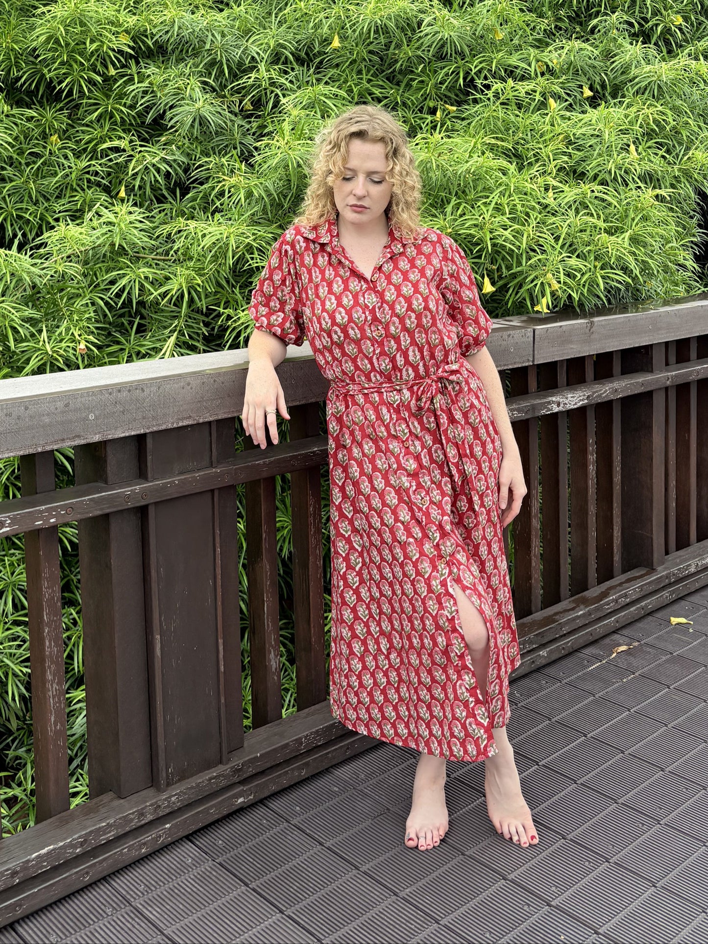 Full length view of Crimson Hour red midi dress
