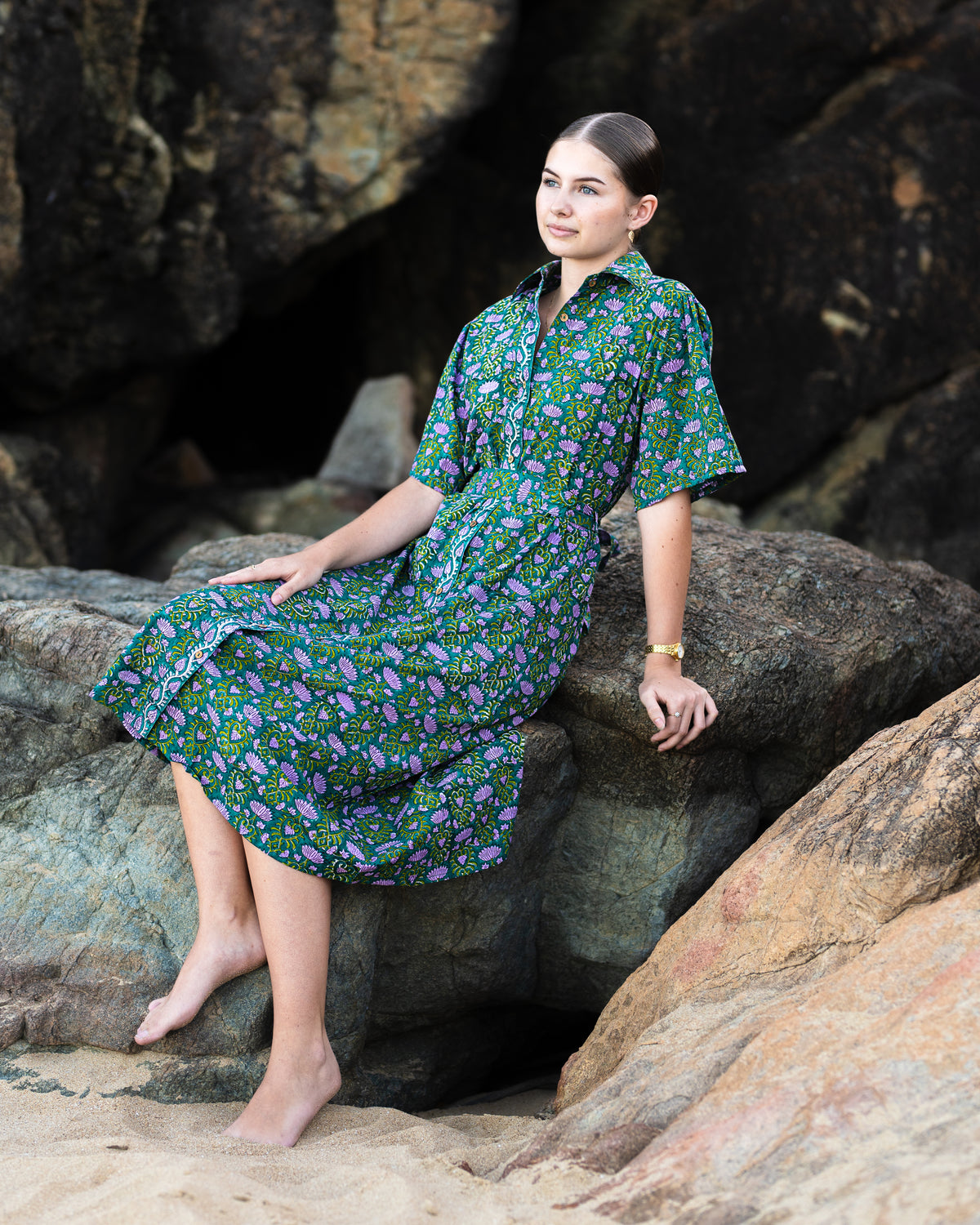 Tanvi Emerald Dress — Hand block printed