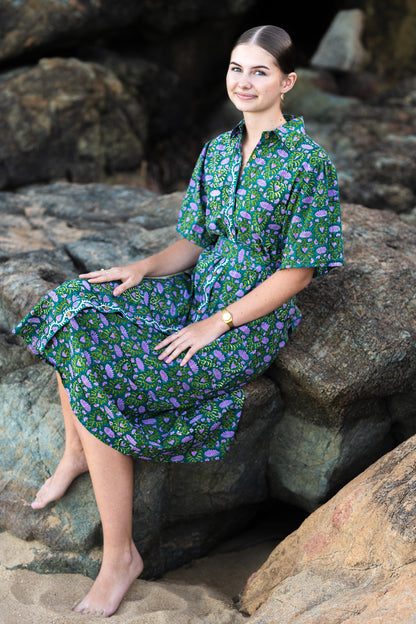 Tanvi Emerald Dress — Hand block printed