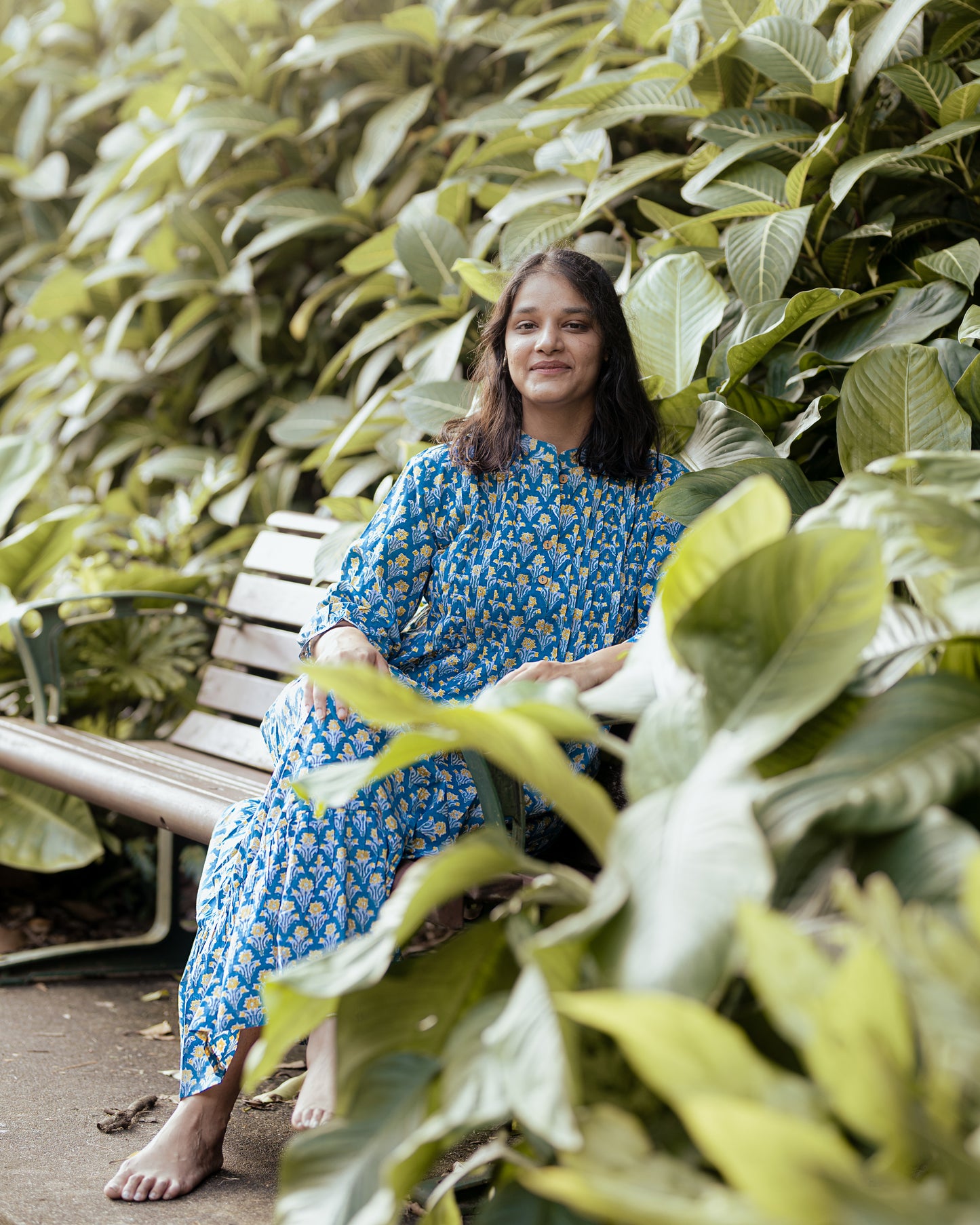 Palak Blue Floral Maxi Dress - Hand Block Printed
