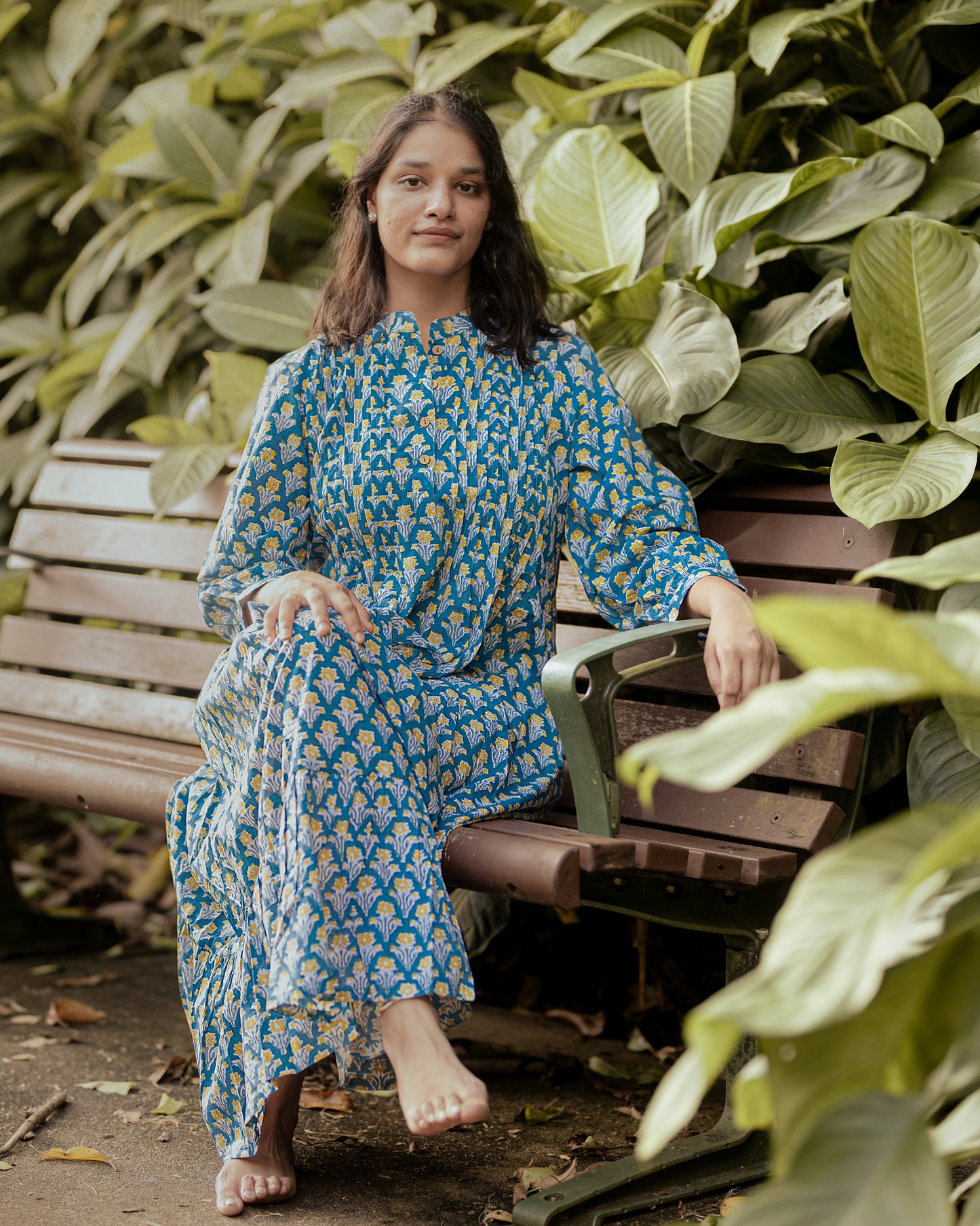 Palak Blue Floral Maxi Dress - Hand Block Printed