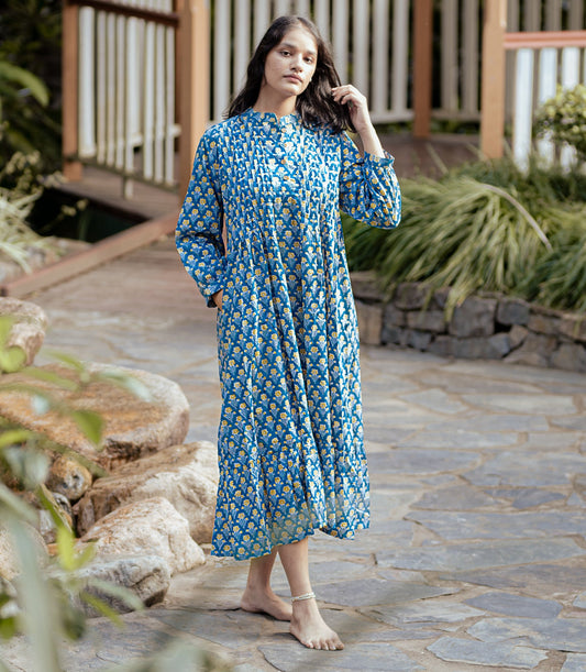 Palak Blue Floral Maxi Dress - Hand Block Printed