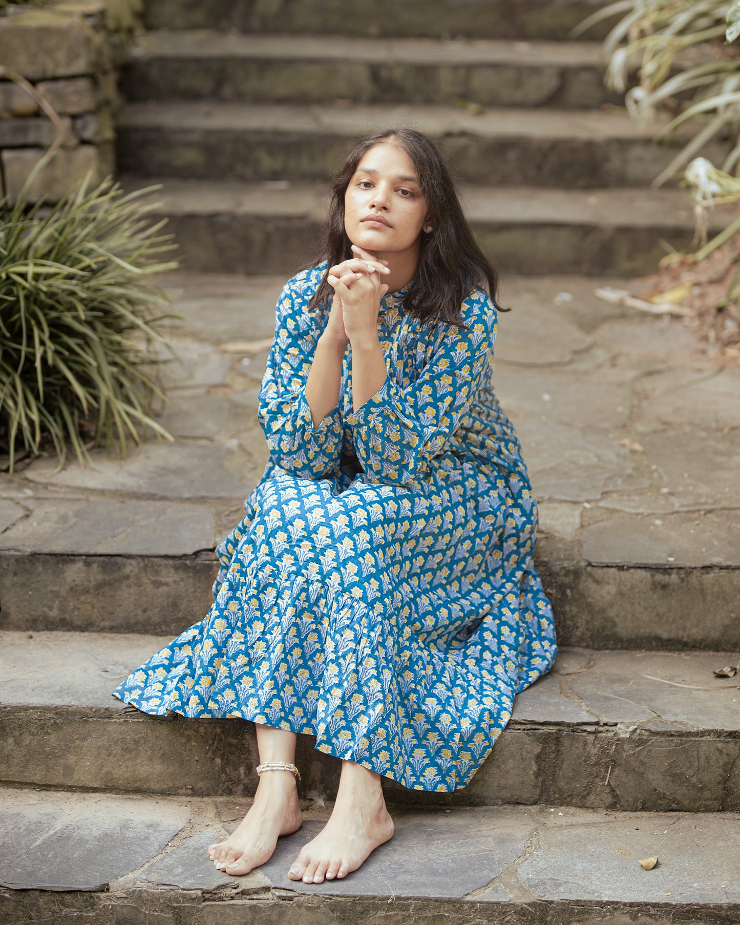 Palak Blue Floral Maxi Dress - Hand Block Printed