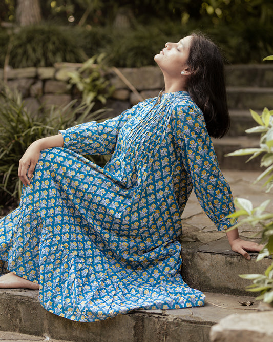 Palak Blue Floral Maxi Dress - Hand Block Printed