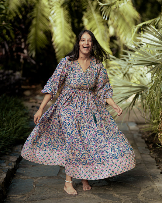Deveshi Multi-Color Floral Maxi Dress - Hand Block Printed