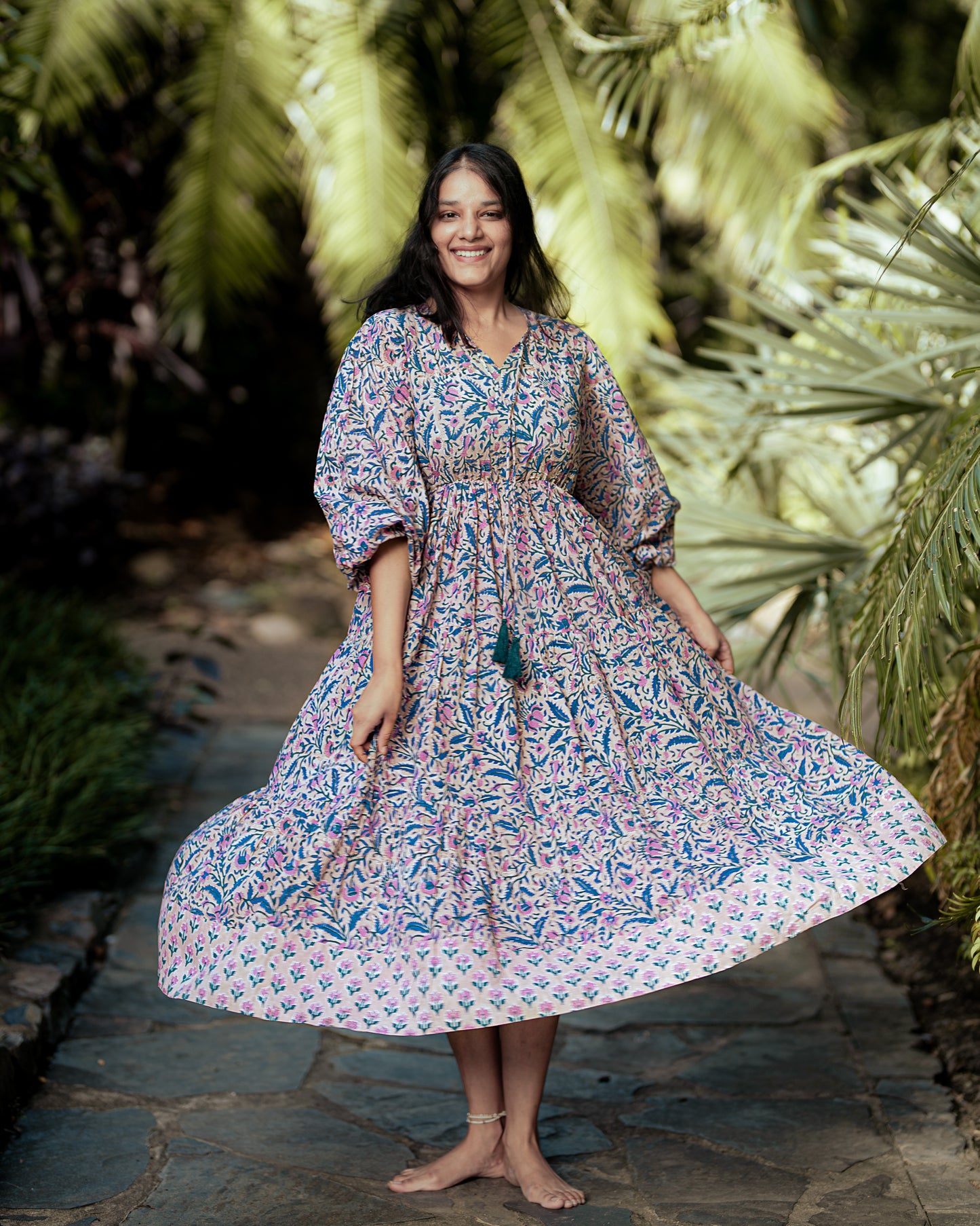 Deveshi Multi-Color Floral Maxi Dress - Hand Block Printed
