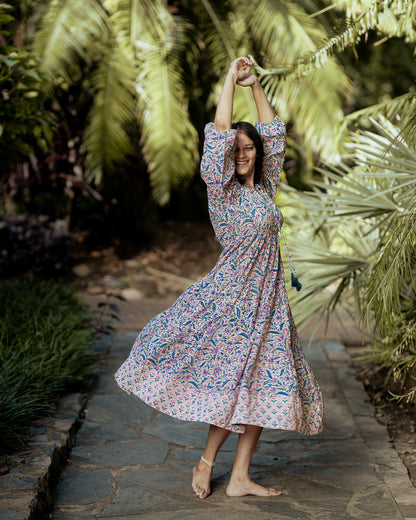 Deveshi Multi-Color Floral Maxi Dress - Hand Block Printed