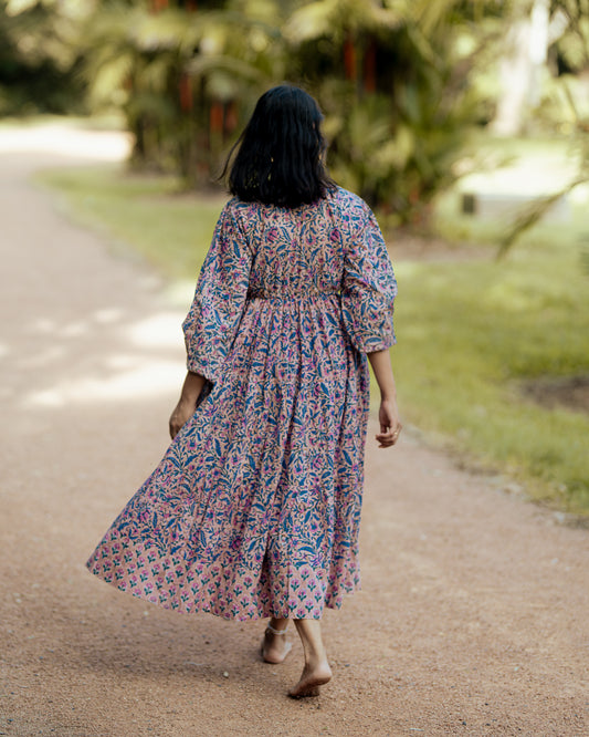 Deveshi Multi-Color Floral Maxi Dress - Hand Block Printed