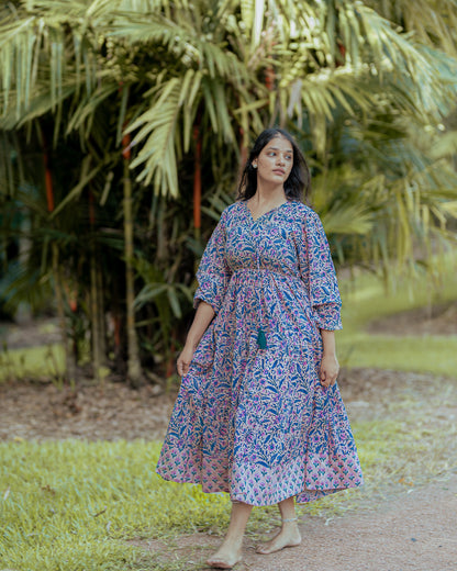 Deveshi Multi-Color Floral Maxi Dress - Hand Block Printed