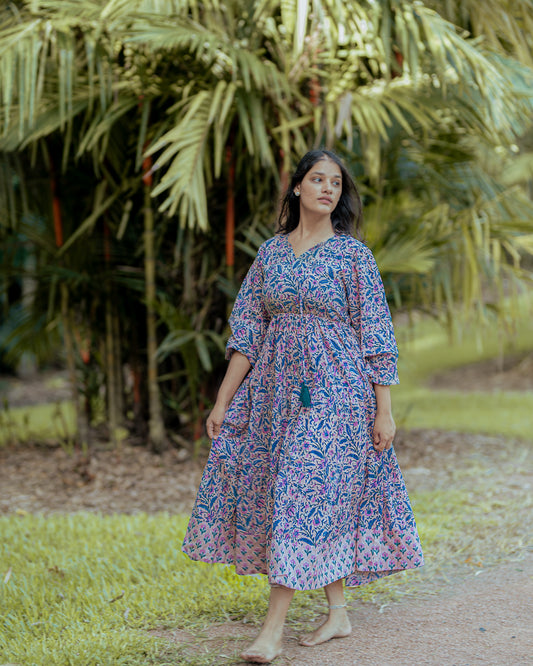 Deveshi Multi-Color Floral Maxi Dress - Hand Block Printed