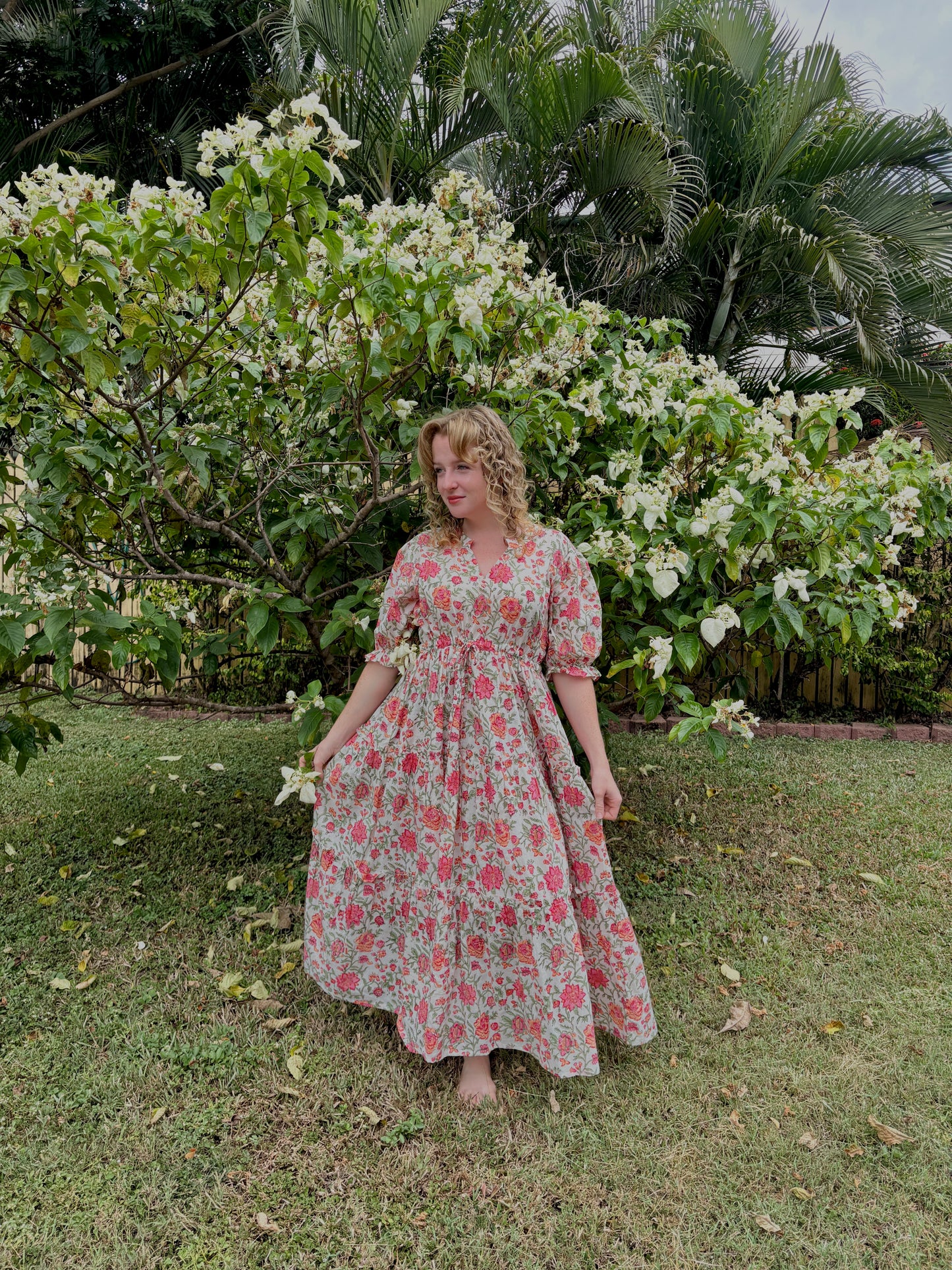 Pink Bloom Cotton Maxi Dress - Hand Block Printed