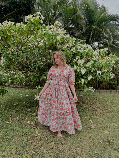 Pink Bloom Cotton Maxi Dress - Hand Block Printed