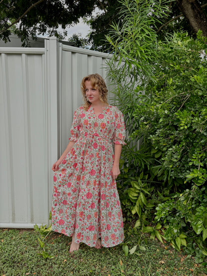 cotton on pink floral dress Pink Floral Lace-Up Cotton Dress Countryside Fairytale Romance Ivory / XS