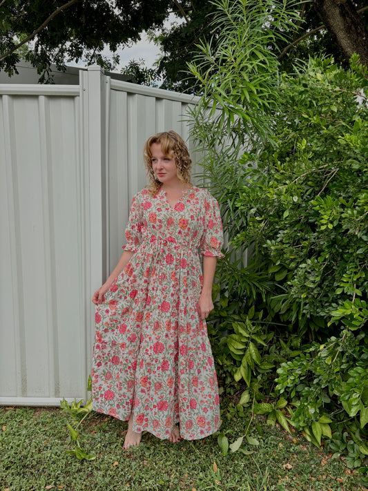 Pink Bloom Cotton Maxi Dress - Hand Block Printed