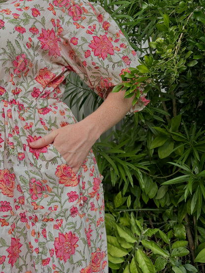 Pink Bloom Cotton Maxi Dress - Hand Block Printed