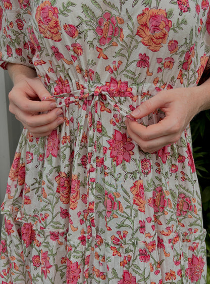 Pink Bloom Cotton Maxi Dress - Hand Block Printed