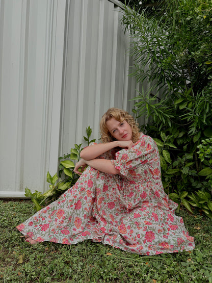 Pink Bloom Cotton Maxi Dress - Hand Block Printed