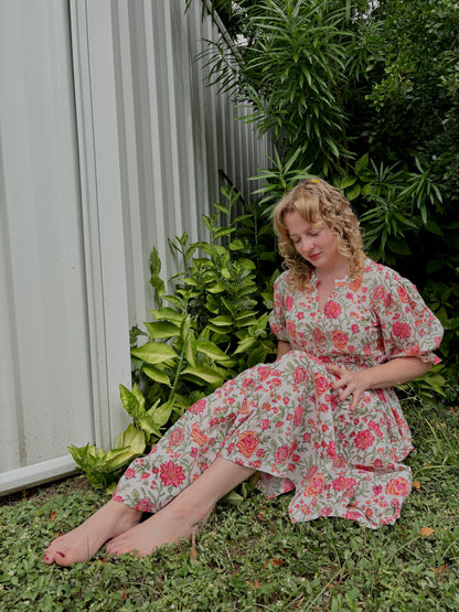 Pink Bloom Cotton Maxi Dress - Hand Block Printed