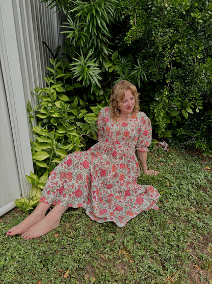 Pink Bloom Cotton Maxi Dress - Hand Block Printed