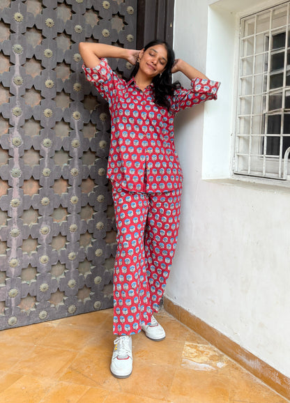 Side view of Rakshita co-ord set with traditional woven button details