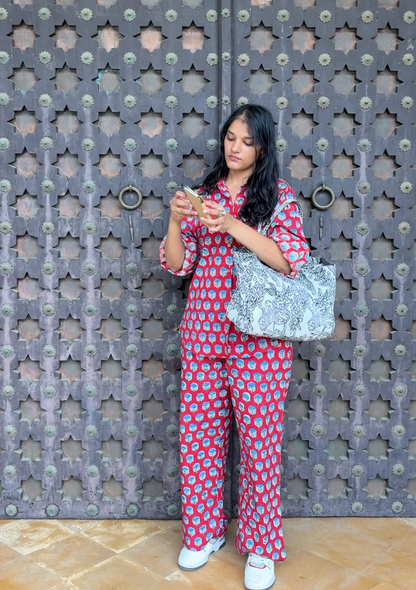 Rakshita red cotton co-ord set styled with free matching shorts"

