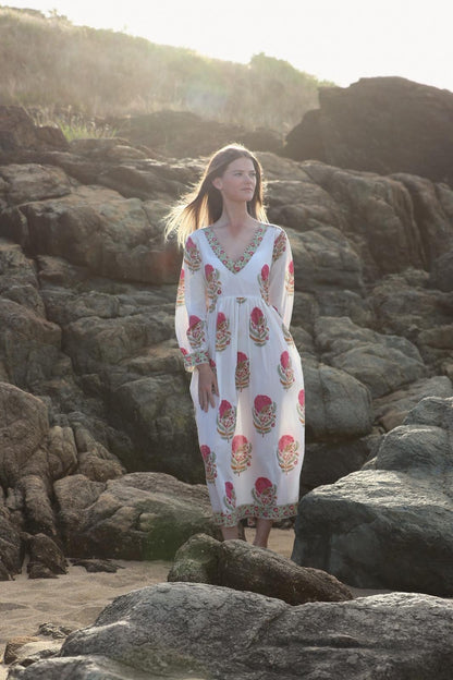 Full length view of Blush Tale maxi dress with relaxed fit