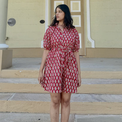 Crimson Hour short dress showing V-neckline and detachable belt