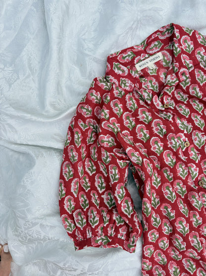 Close-up of button front detail on red cotton short dress