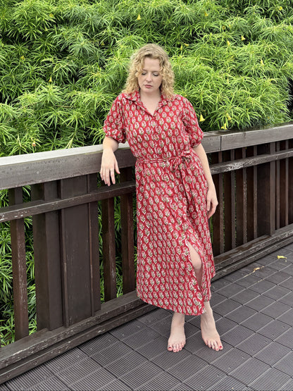 Full length view of Crimson Hour red midi dress