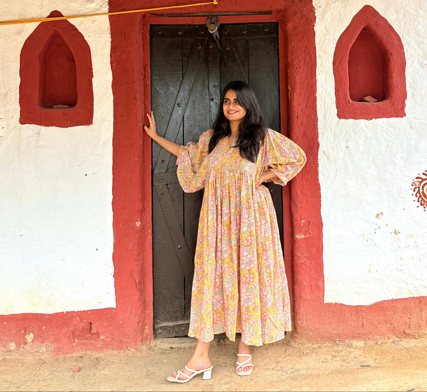 Full length view of Meha dress with bohemian balloon sleeves