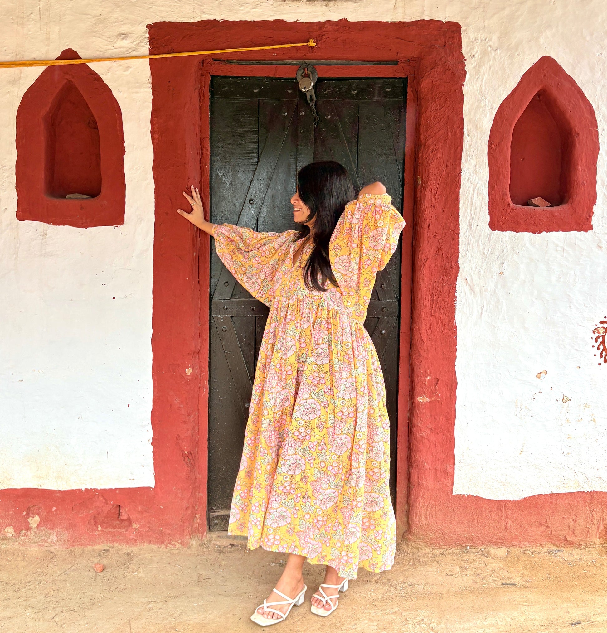 Full length view of Meha dress with bohemian balloon sleeve