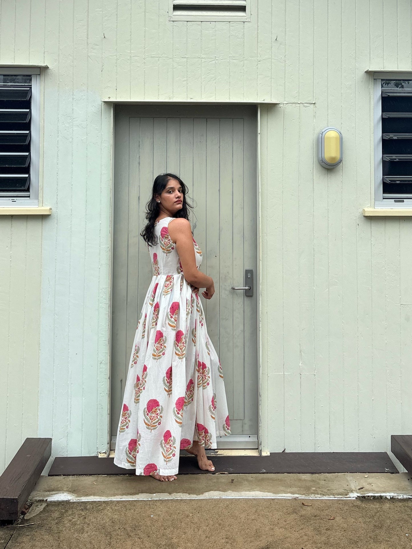 Full length view of Mughal Bloom halter neck maxi dress