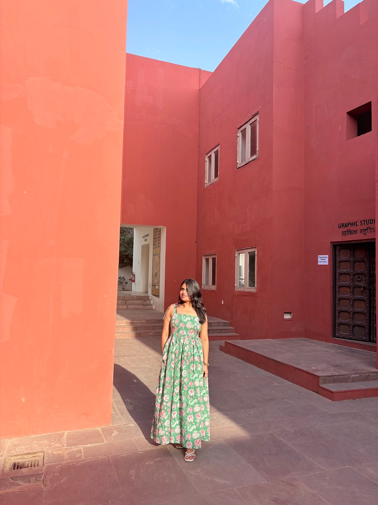 Full length view of Olive Hour dress with side pockets