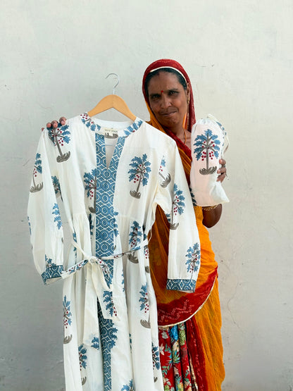 Close-up of hand-blocked blue palm pattern on white fabric with the artisan