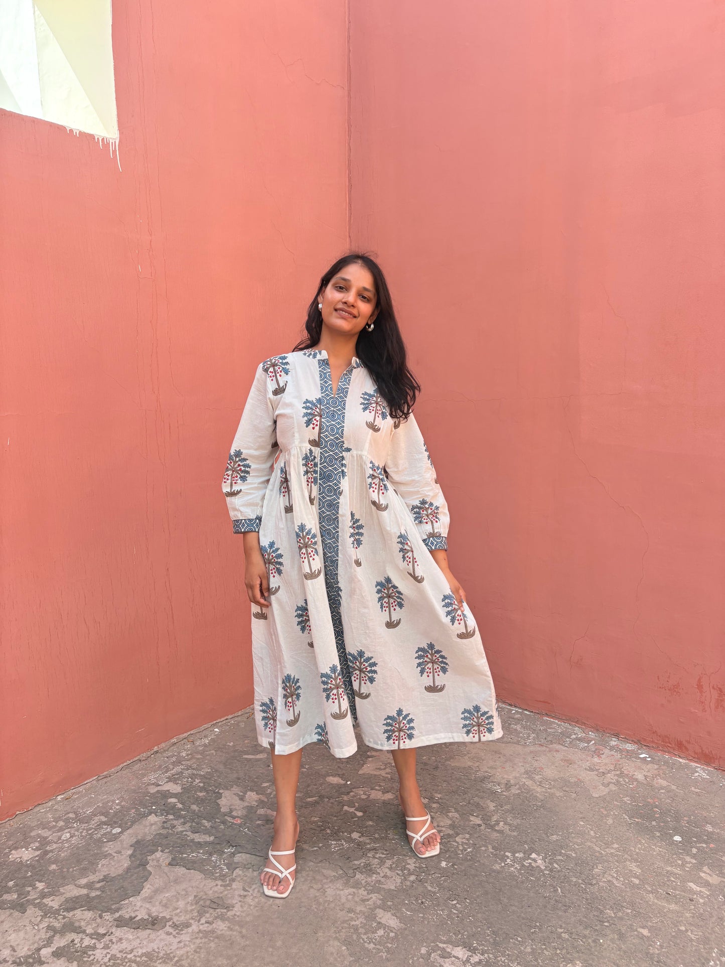 Full view of Palm Bay white and blue midi dress