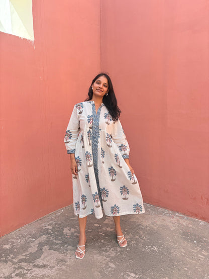 Full view of Palm Bay white and blue midi dress