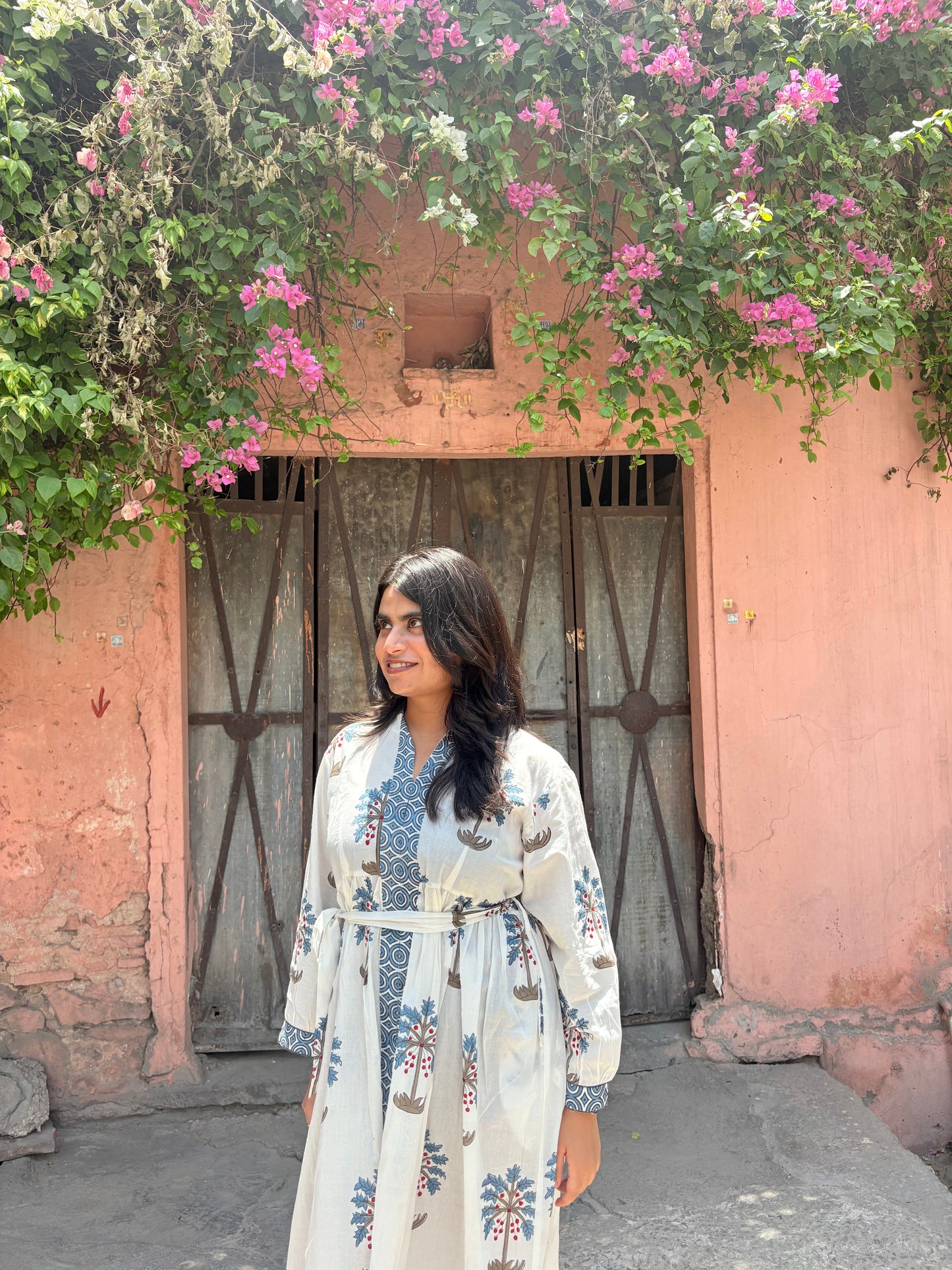 Full view of Palm Bay white and blue midi dress