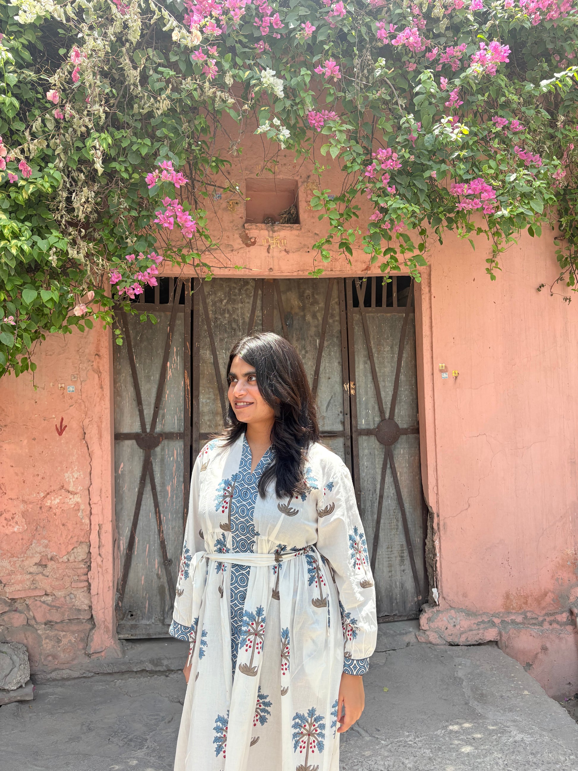 Full view of Palm Bay white and blue midi dress