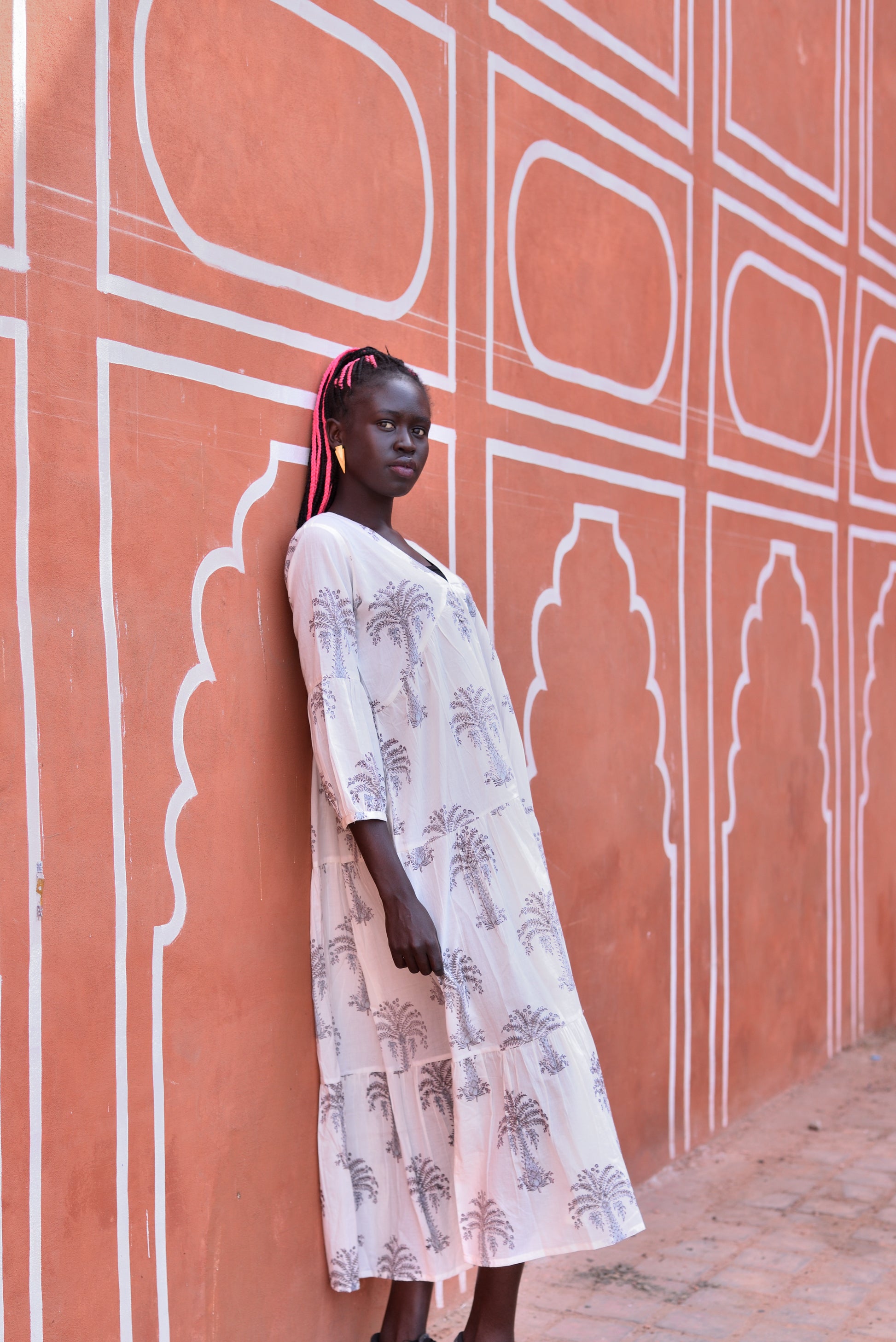 Full length view of Palm Haze white and grey maxi dress