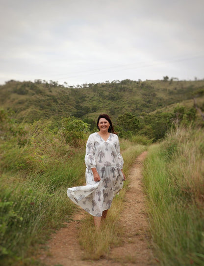 Detail of relaxed fit on Palm Haze hand block printed dress