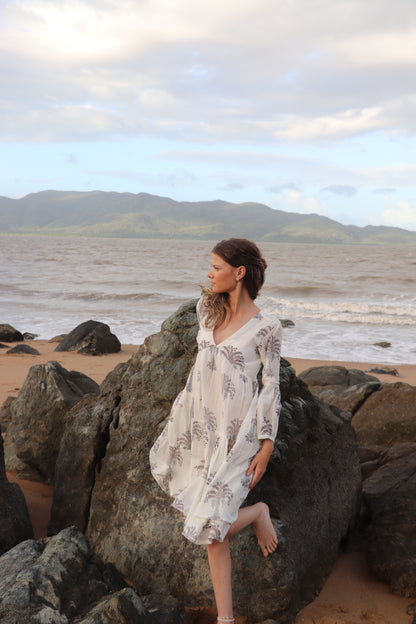 Full view of Palm Haze white and grey short dress