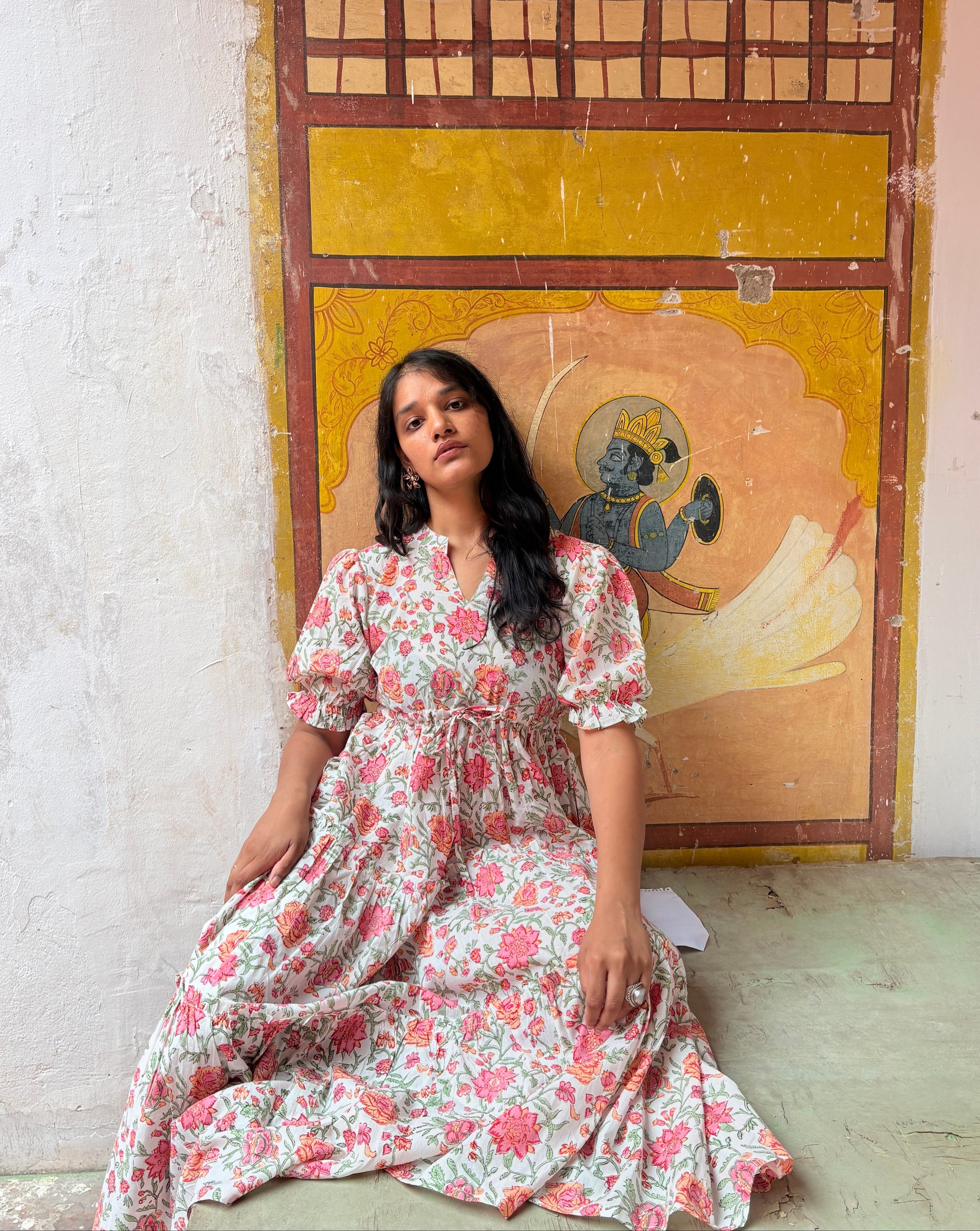 Pink Bloom Maxi Dress - Hand Block Printed Cotton | Woven Visions