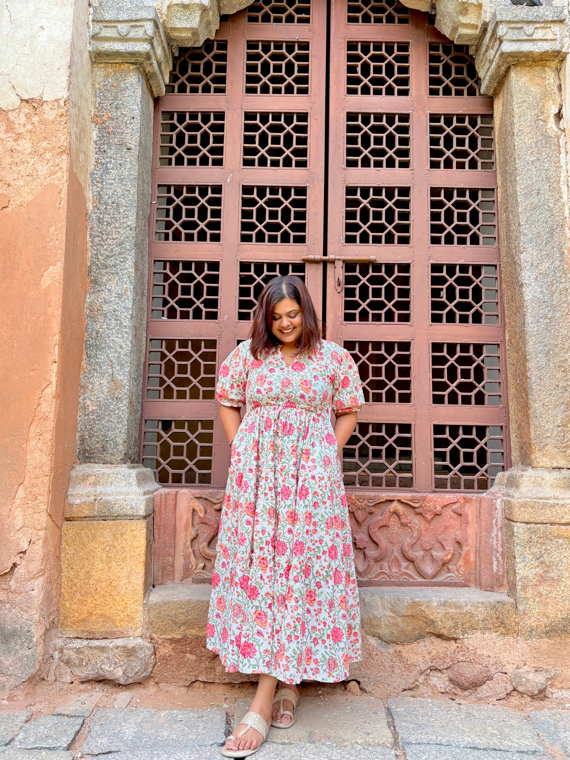 Pink Bloom Maxi Dress - Hand Block Printed Cotton | Woven Visions Pink Bloom Maxi Dress - Hand Block Printed Cotton | Woven Visions
