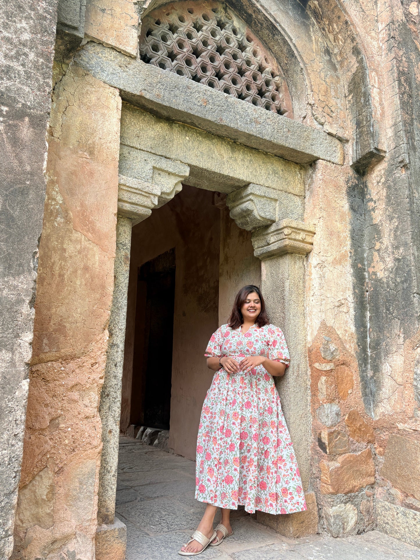 Pink Bloom Cotton Maxi Dress - Hand Block Printed