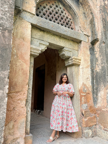 Pink Bloom Cotton Maxi Dress - Hand Block Printed
