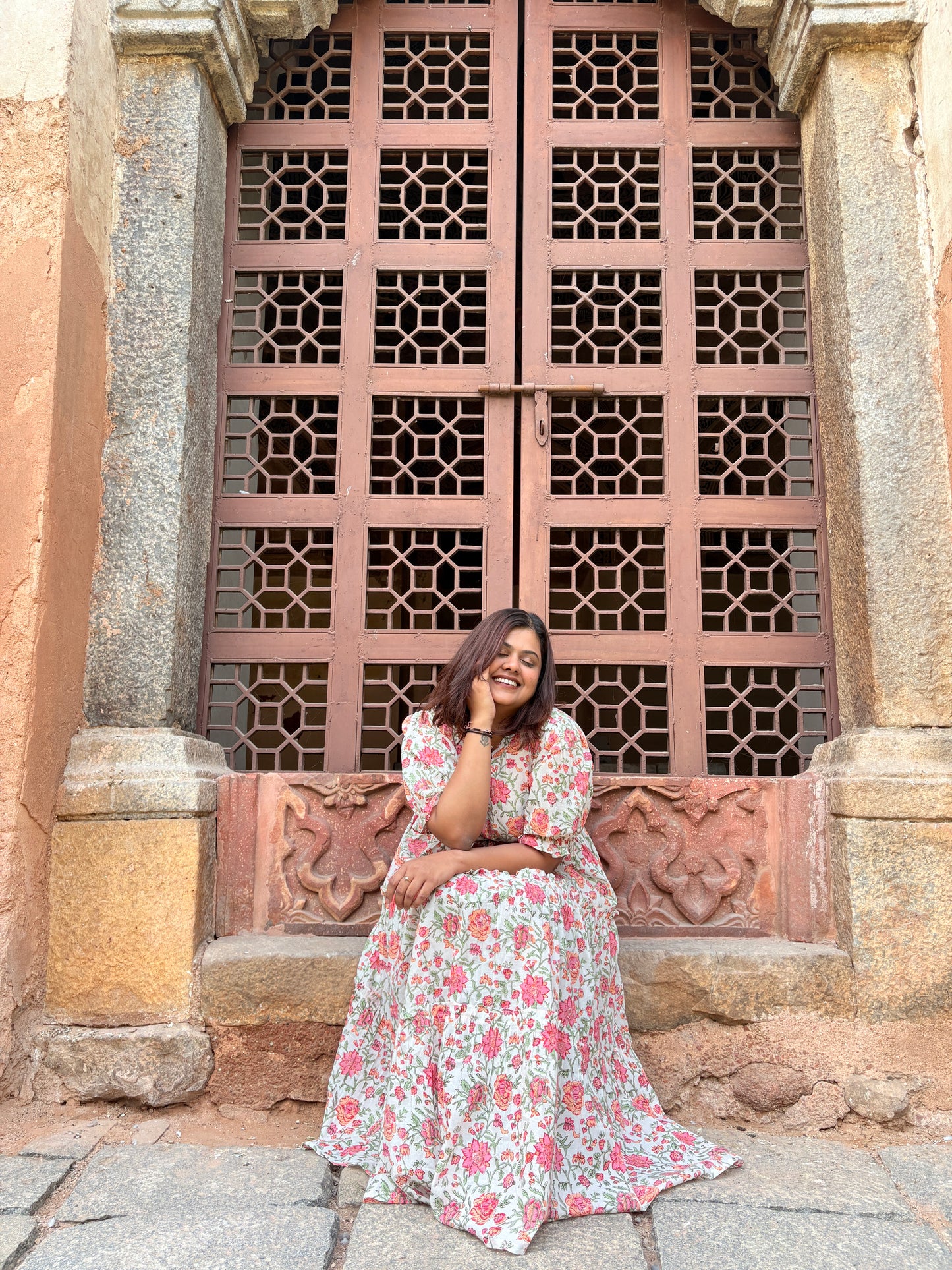 Pink bloom cotton dress with a flowy A line fit