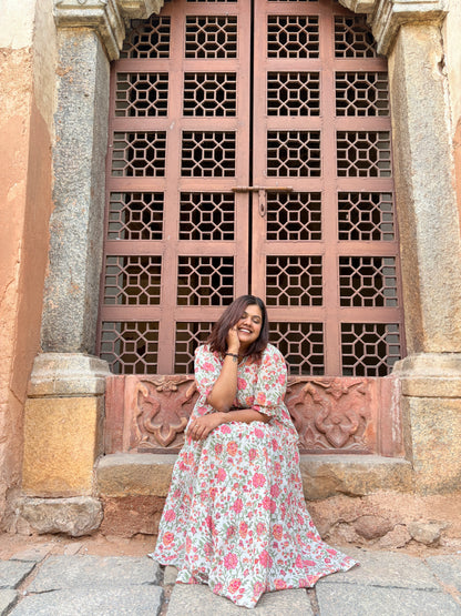 Pink bloom cotton dress with a flowy A line fit